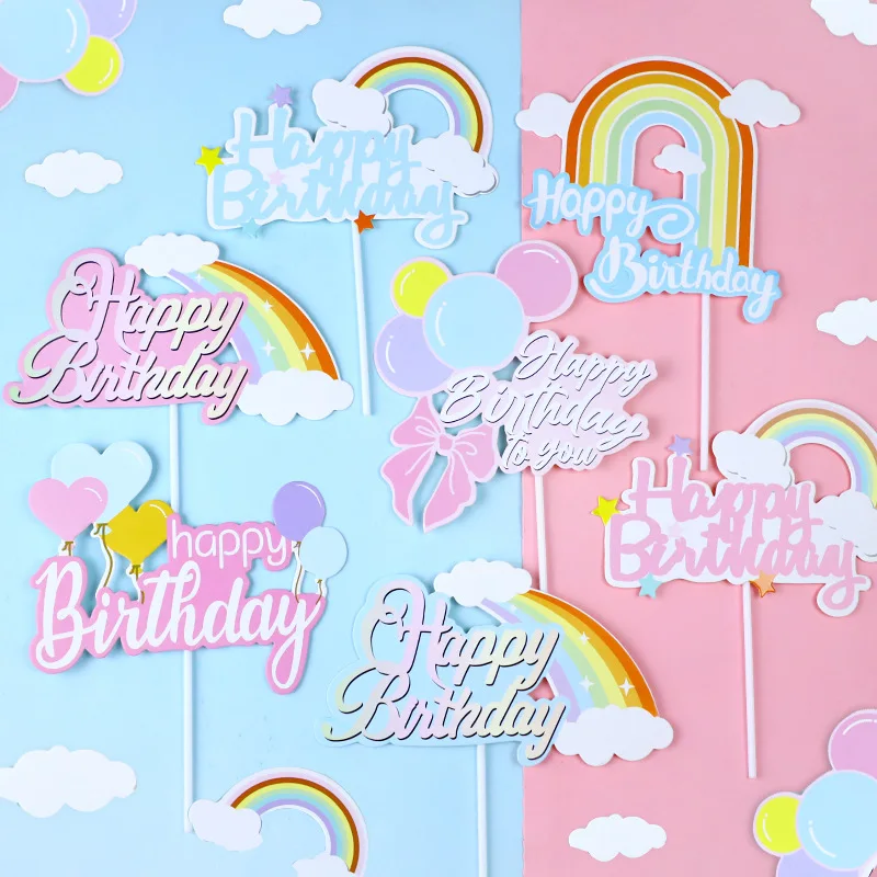 

10pcs Rainbow Cake Topper Balloon Clouds Happy Birthday Cake Topper Decoration Baby Shower Birthday Party Cupcake Decor Supplies