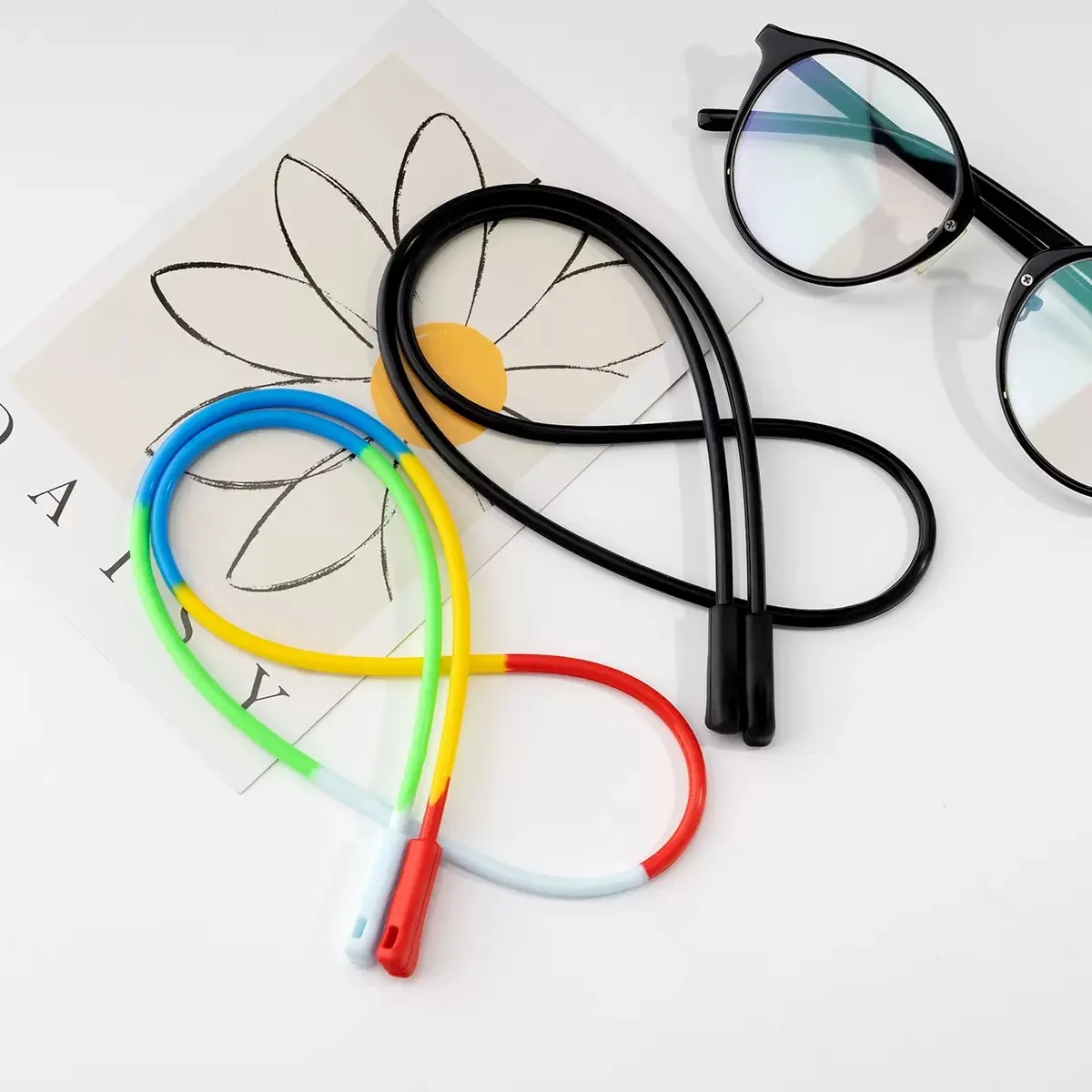 Long Round Two-Tone Rainbow Silicone Glasses Strap for Sports and Outdoor Use, Anti-Slip Glasses Strap with Leg Loops to Prevent
