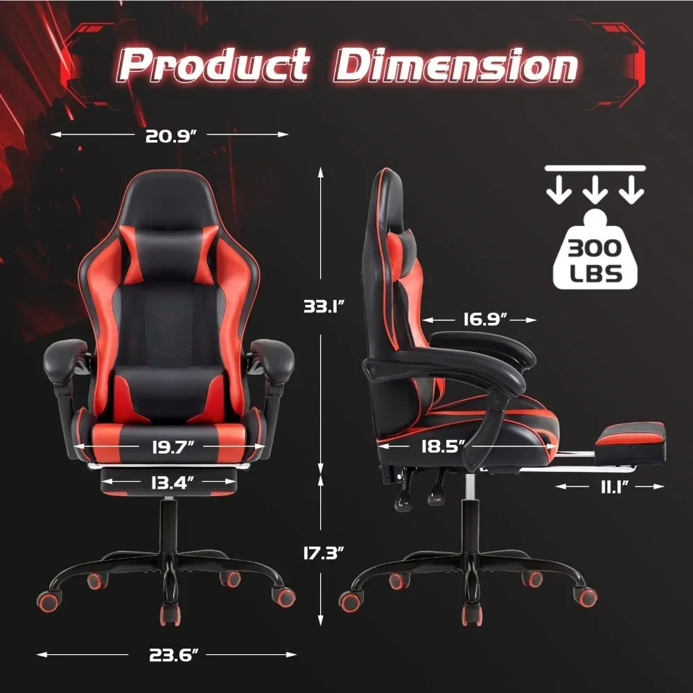 Gaming Chair with Footrest and Massage Lumbar Support with 360°Swivel and Headrest for Office or Bedroom