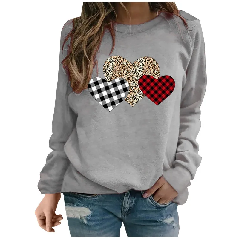 Autumn Winter Women's Pullover Round Neck Solid Plaid Leopard Contrasting Colors Long Sleeve Hoodies Loose Fashion Casual Tops