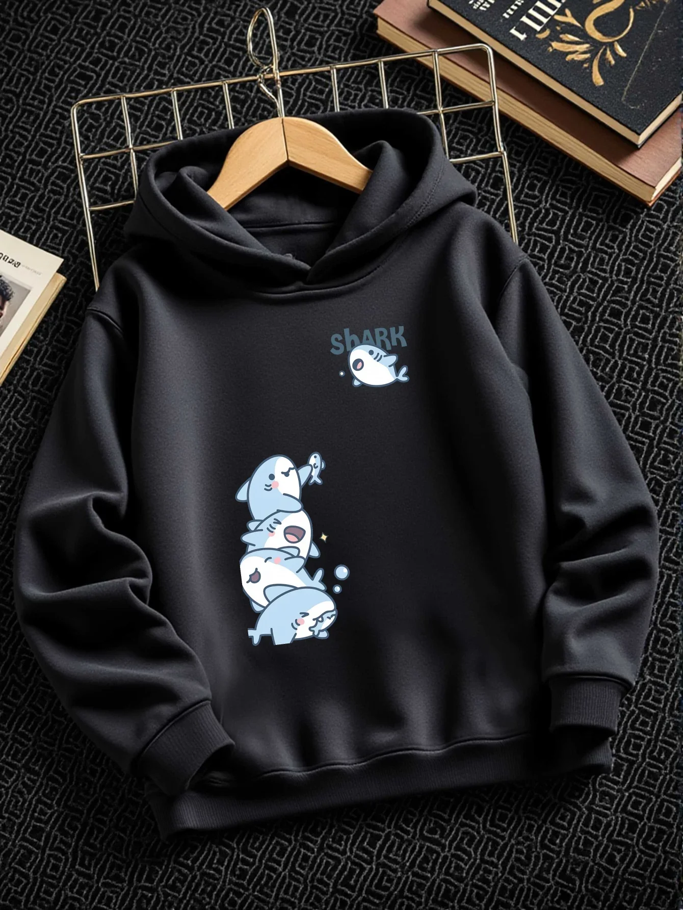 Adorable Shark Bubble Cartoon for Boys Featuring a Casual Hoodie Perfect for Autumn And Winter, with a Stylish Sports