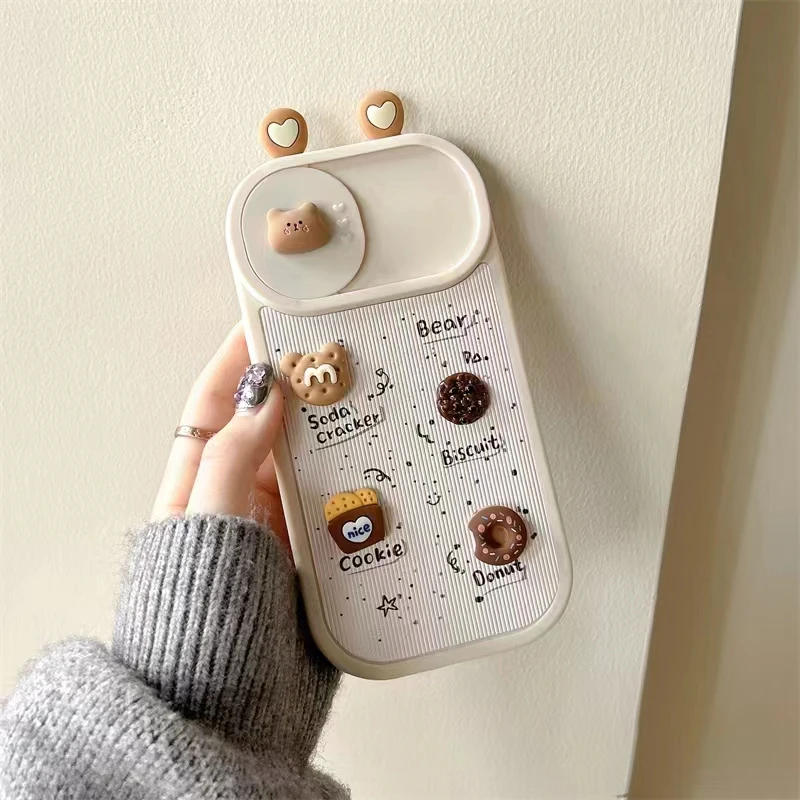 Coffee Biscuit Cute Bear Large Sight Window Sliding Camera Phone Case for iPhone 15 14 13 12 Pro Max 11 3D Love Ear Cover Coque