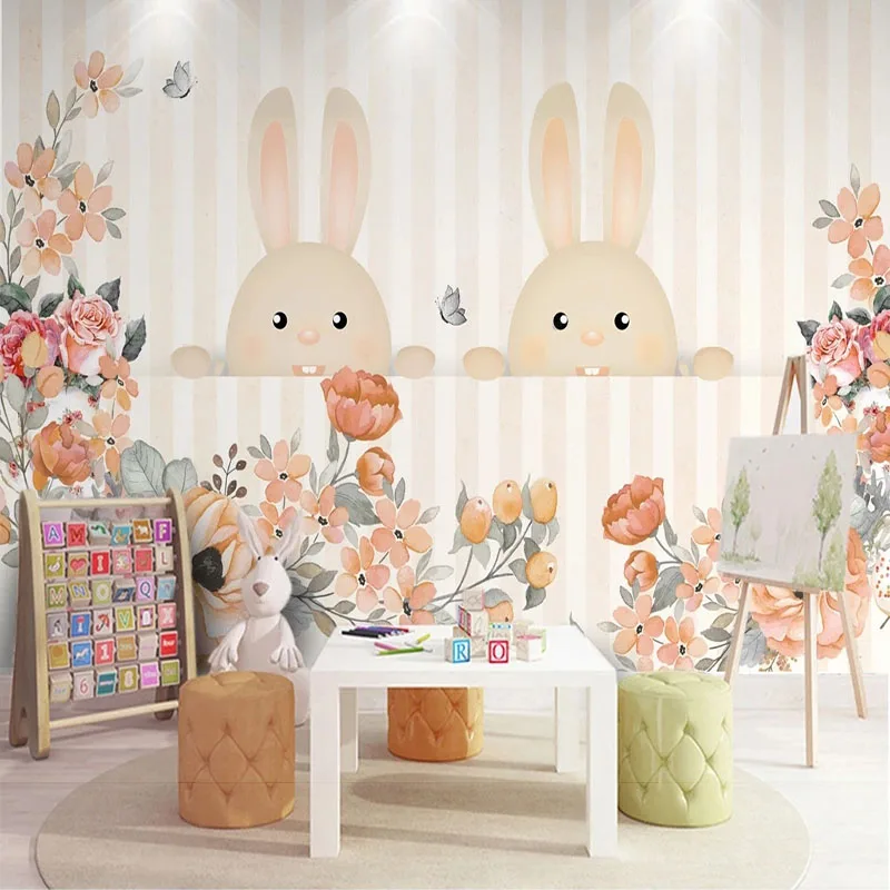 Custom Mural Children's Room Background Wall Nordic Minimalist Hand-Painted Cartoon Rabbit Mural Decor Papel De Parede 3D Tapety