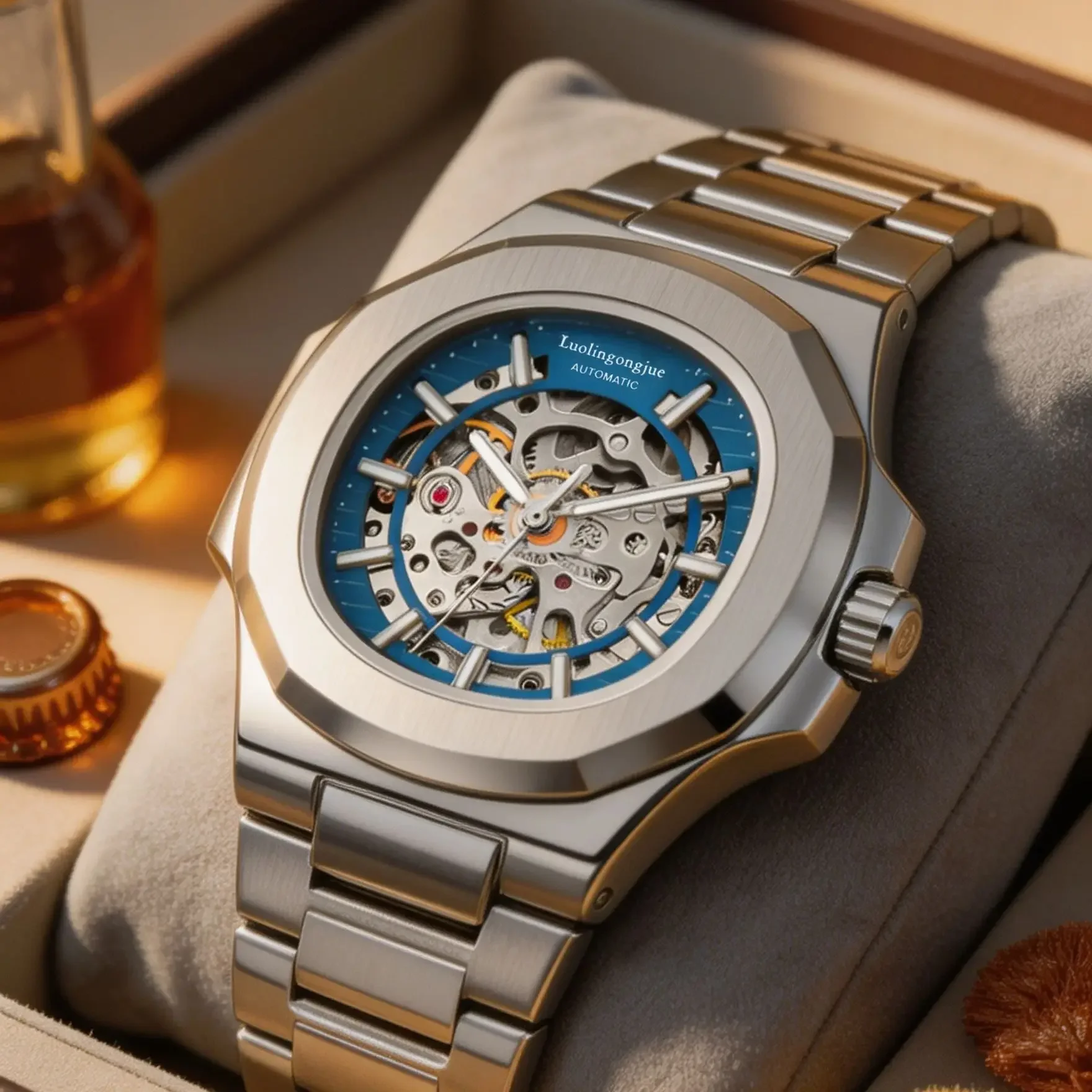 High-End Skeleton Men's Automatic Mechanical Watch, Butterfly Clasp Strap Hollow-Out Waterproof Watch, Exquisite Craftsmanship Business Watch, Luxurious Casual Sports Watch, Perfect Gift for Men