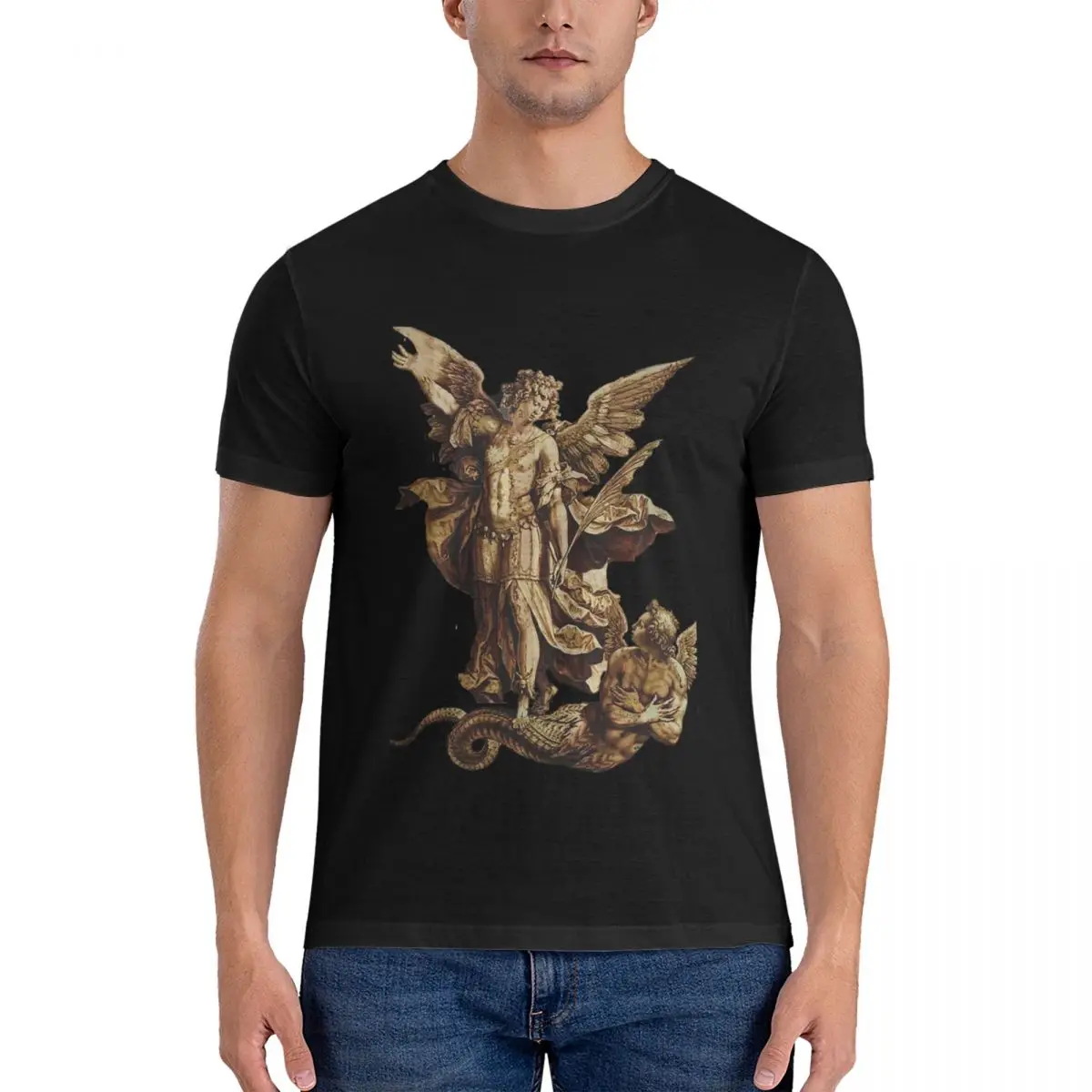 St Michael Angel Catholic Saint Archangel USA United States Flag Patriot Daily Men's Basic Short Sleeve T-Shirt