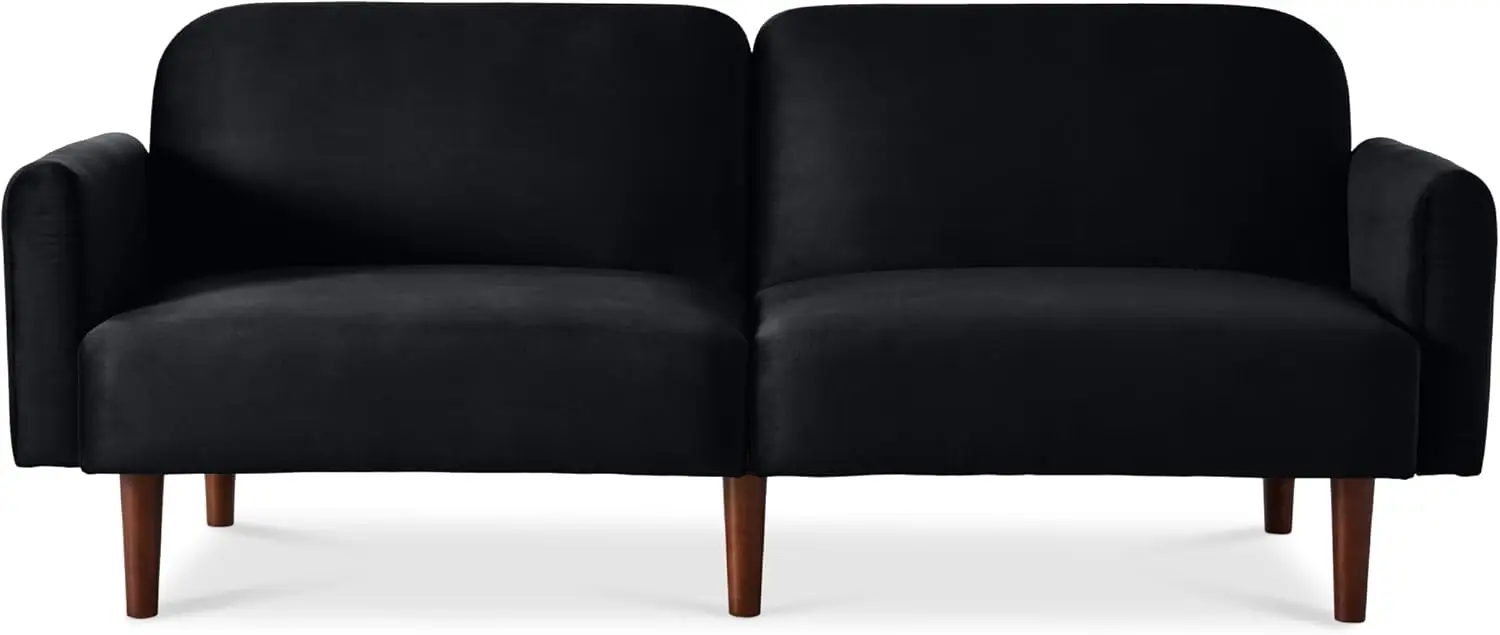 

77' Century Modern Velvet Loveseat Sofa, Couch, Convertible Sofa Sleeper Bed w/Real Wood, Removable Armrest - Onyx Black