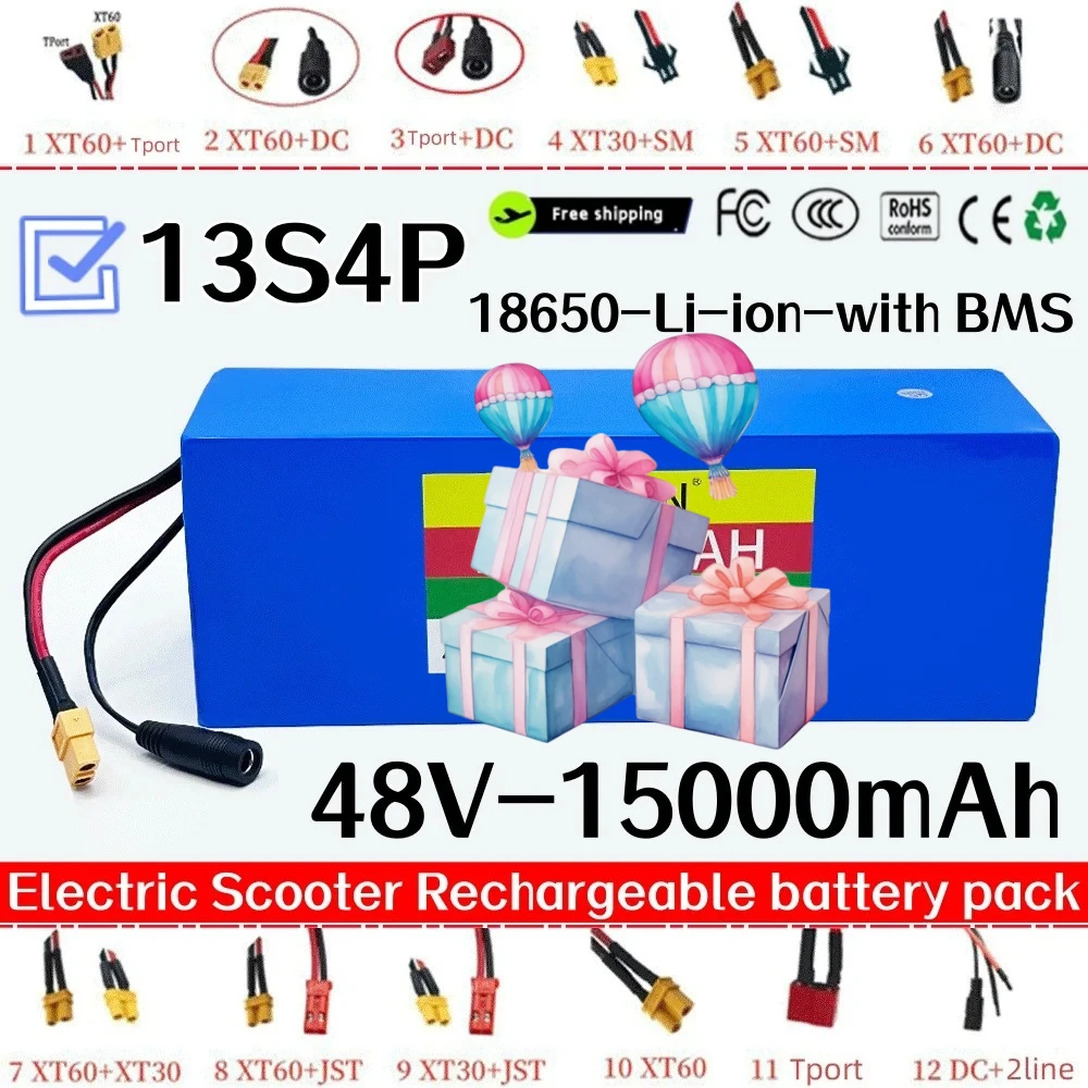 

18650 13S4P 48V Lithium Battery Pack,15000mAh for Electric Scooter Bicycle Li-ion Replacement Batteries with BMS