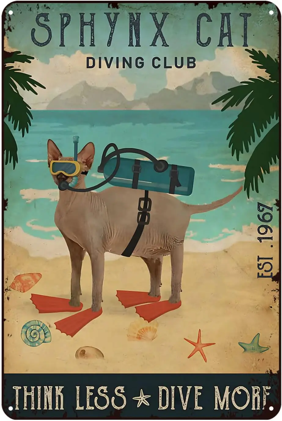 Funny Metal Signs for Outdoors Diving Club Sphynx Cat Dog Tin Sign Chic Art Wall Decorations Iron Plaque Gift Living Room Office
