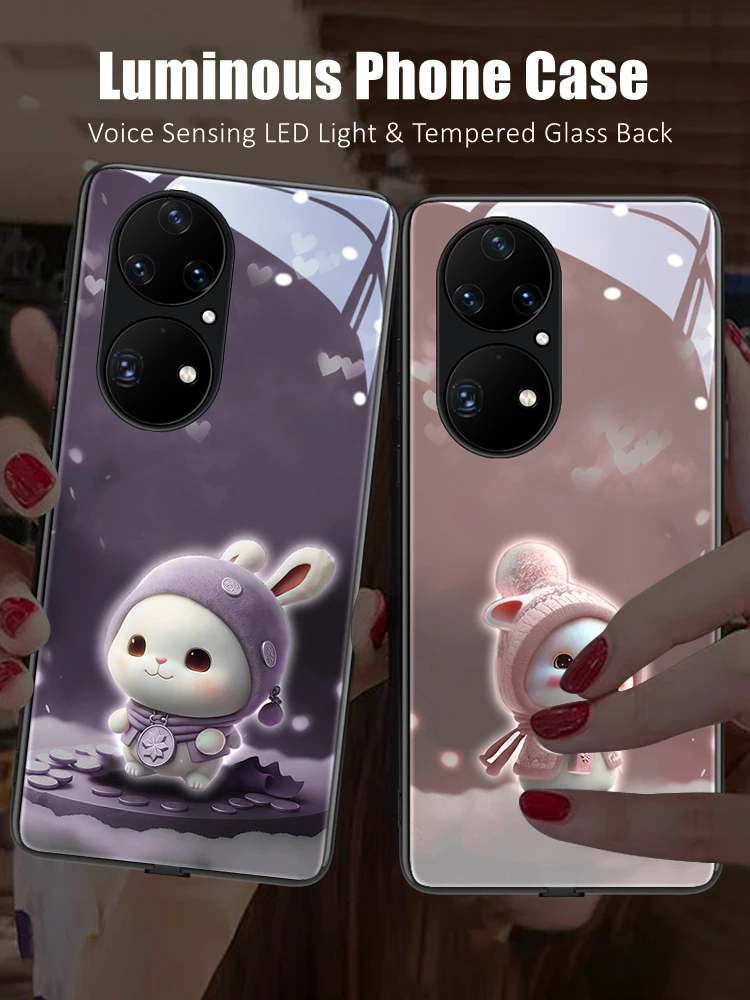 

Kawaii Bunny LED Light Glowing Luminous Tempered Glass Back Phone Case for Huawei P30 P40 P50 P60 Mate 60 40 50 Nova 10 Pro Plus