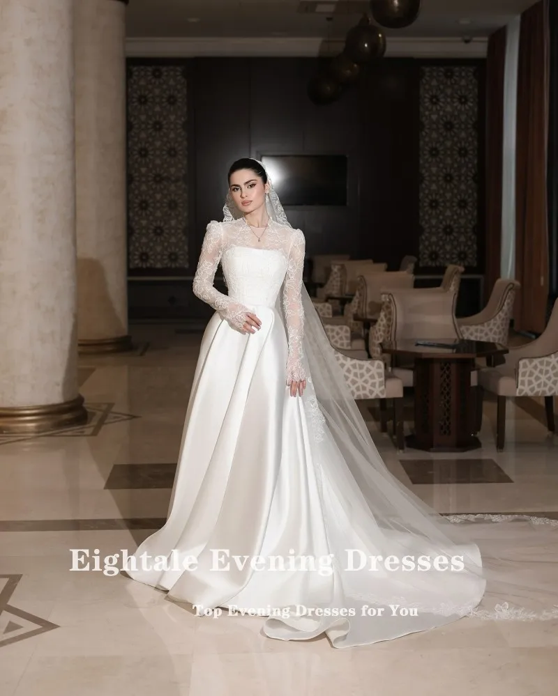 Abito da sposa arabo Eightale personalizzato bianco avorio a-line in pizzo maniche lunghe abito da sposa in raso musulmano Robe De Mariée