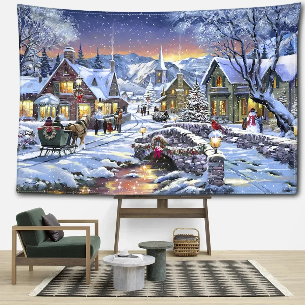HD-Christmas Snowy Landscape Tapestry with Carriage – Bohemian Winter Wall Hanging for Living Room, Bedroom Holiday Home Decor