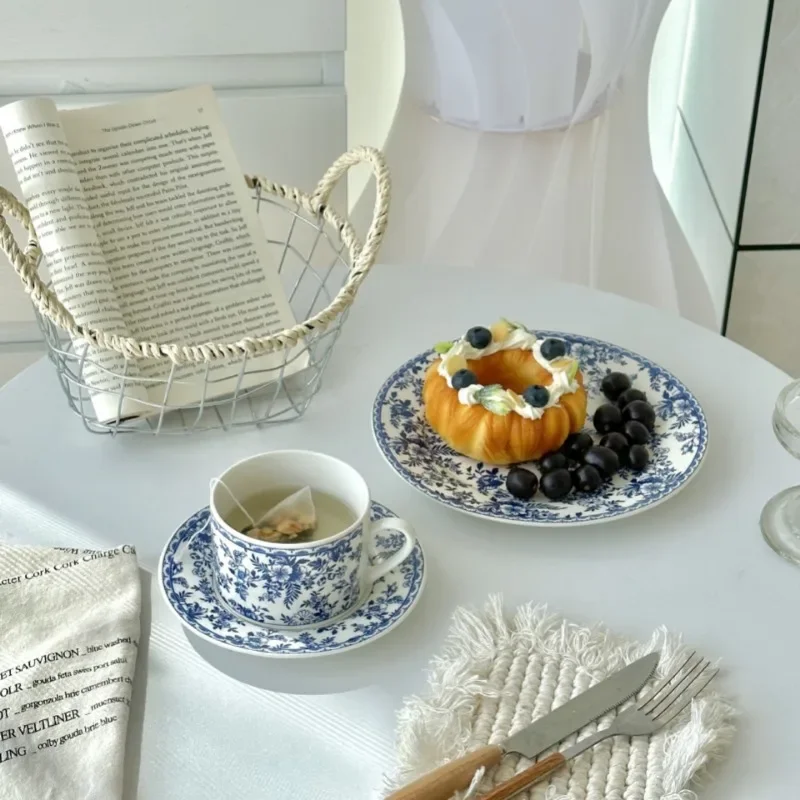 Retro Blue Ceramic Tableware, Western Restaurant, Coffee Cups and Plates, Dessert Dim Sum Plate, Home Accessories