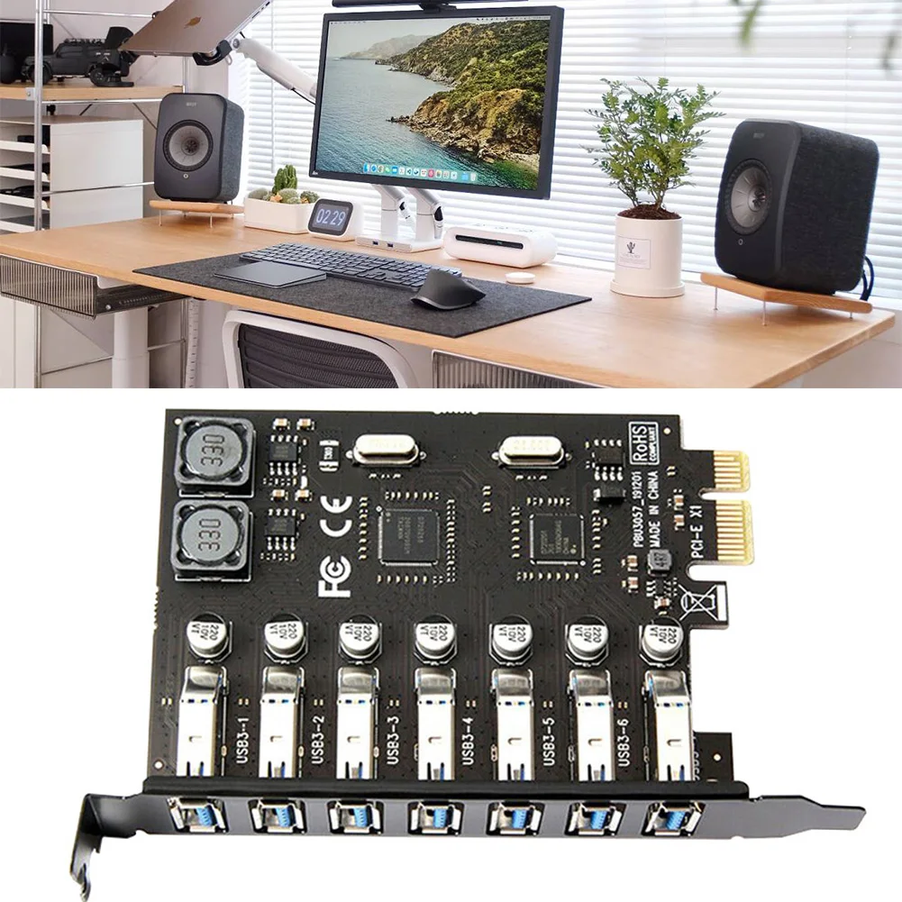 Kartu Ekspansi PCIe USB 3.0 7-Port 5Gbps PCIe USB 3.0 Adaptor Pengontrol Hub Pengontrol Eksternal untuk Windows 11/10/8/7/XP/Linux