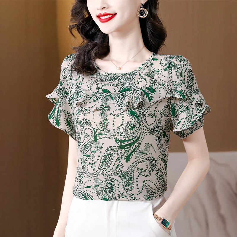 ZUO MAN RU 2023 Summer New Silk Print O-Neck Short Sleeve Chiffon Shirt Women's Top Loose Large Panel Slim Shirt T-shirt