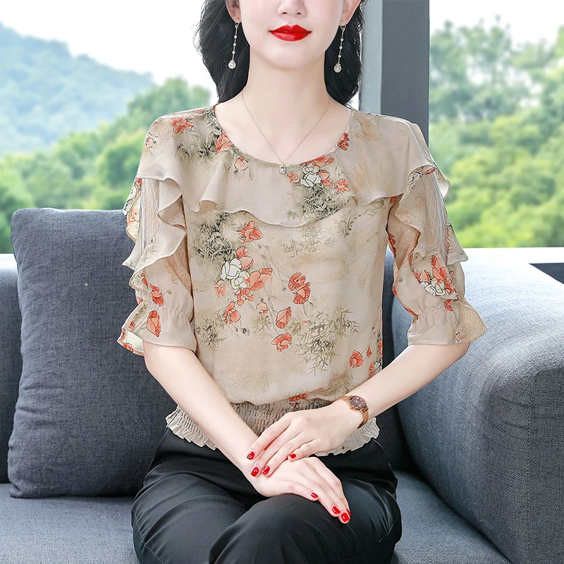 Summer 2024 Fashion Mesh splicing lady tops Elegant Half Sleeve Women blouse Ruffles Floral Printed Chiffon Shirt