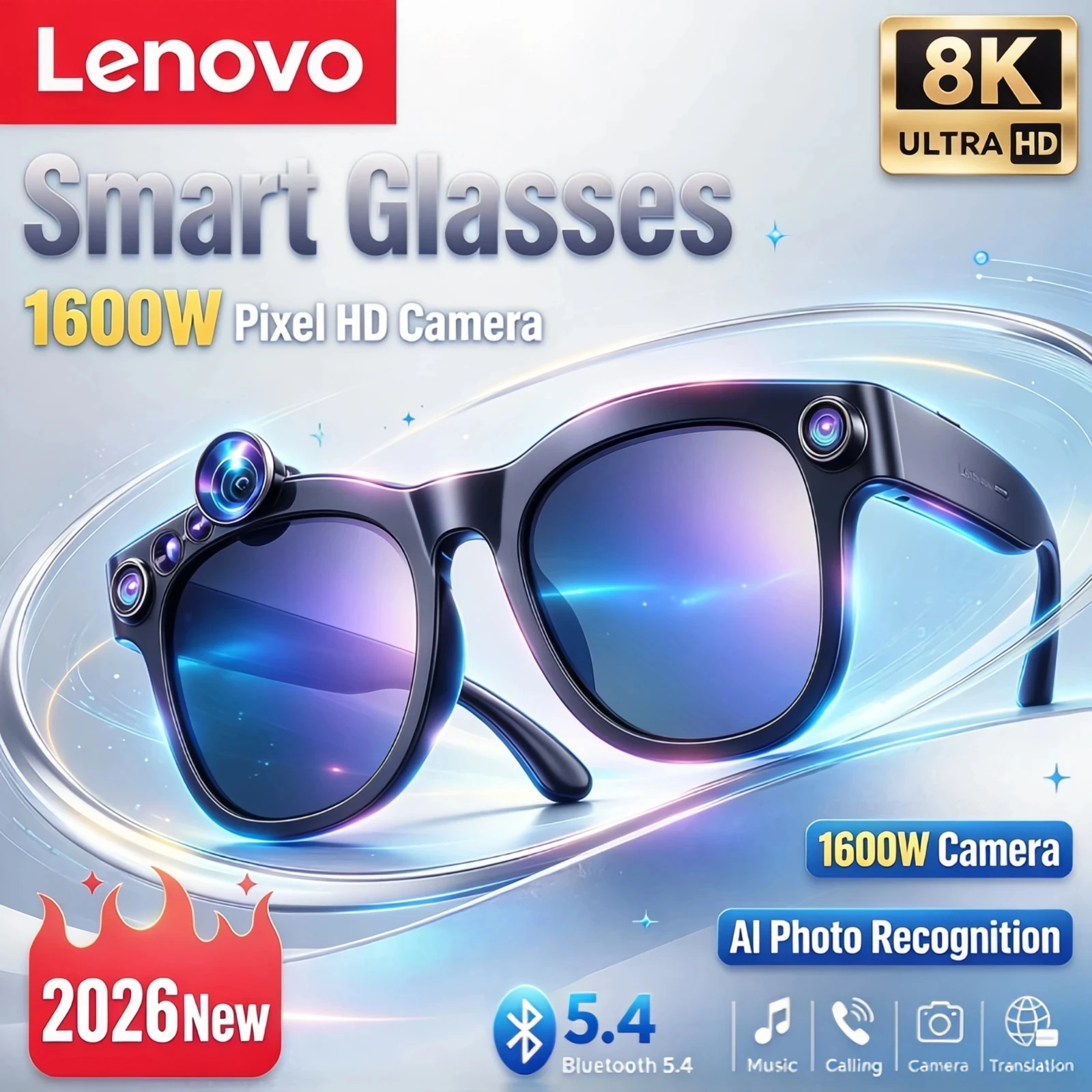 Lenovo Smart AI Glasses 1600W HD 8K Shooting Camera Photo Voice Call Translation Bluetooth AI Camera Glasses for Men Women New