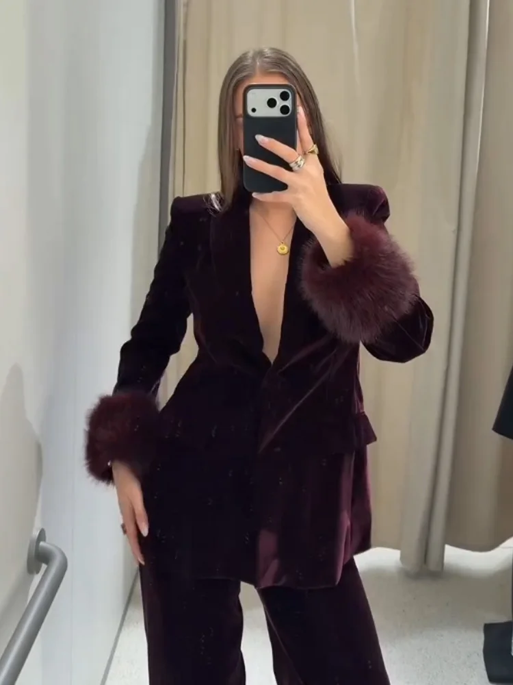 HH Women Velvet Blazer Suit Fashion Lapel Single Breasted Pocket Faux Fur Cuffs Casual Coat+High Waist Zipper Loose Trousers