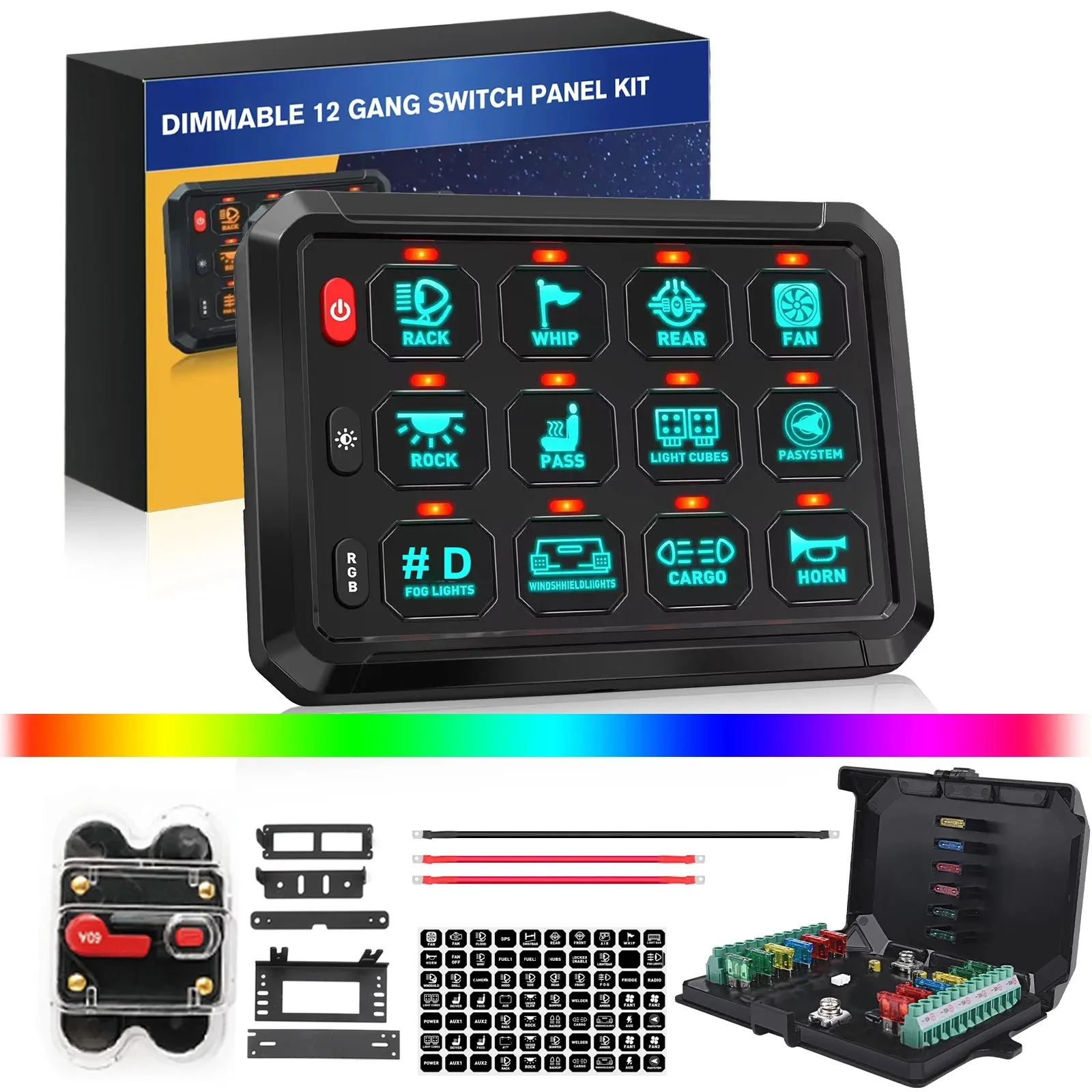 

HAOLIDE Mictuning 12-клавишный RGB-переключатель, панель светодиодного рабочего освещения, переключатели, контроллер для универсальных автомобилей, грузовиков, лодок, UTV 4X4 4WD