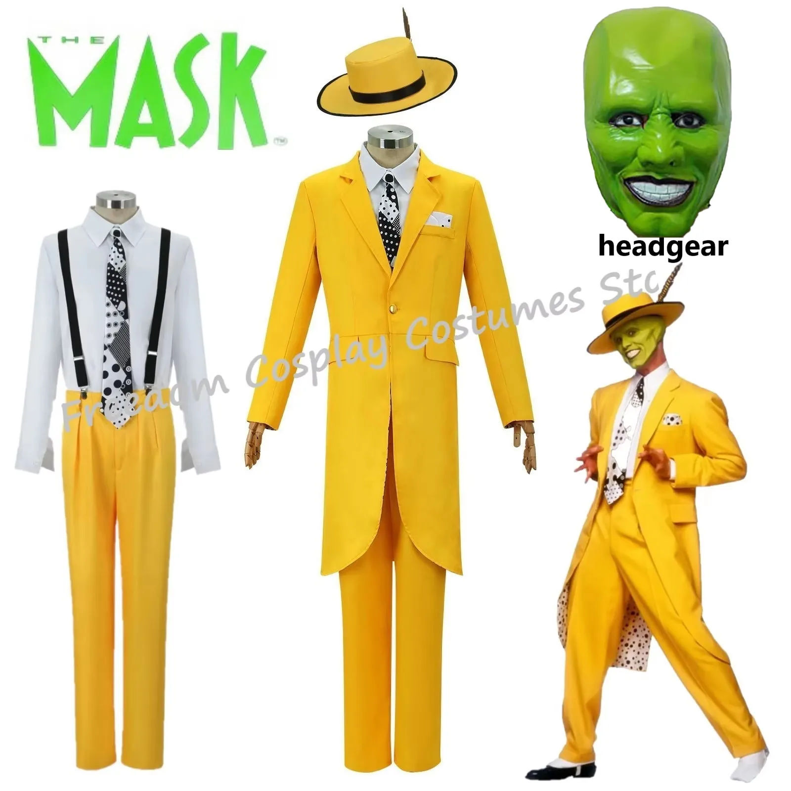 

In Stock Movie Jim Carrey Cosplay Costume Adult kids Unisex Green Face Mask Yellow Uniform Suit Halloween carnival Party Outfit