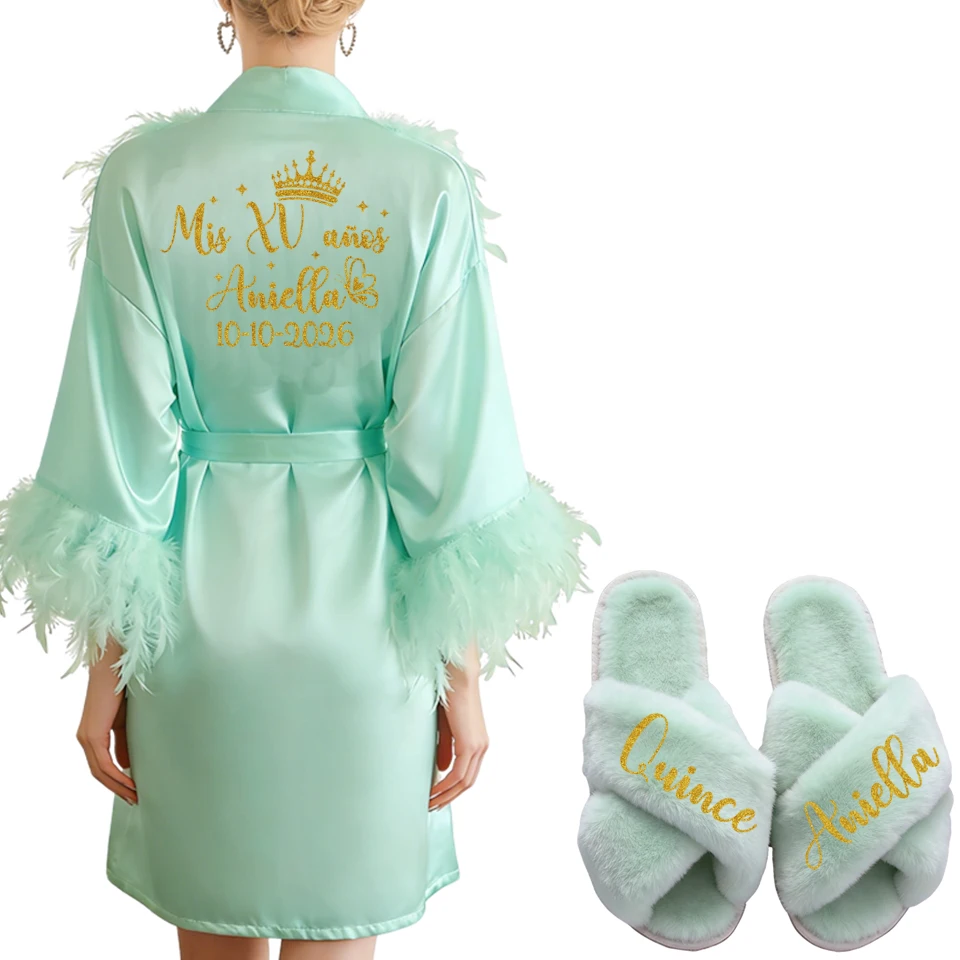 Personalized Feather Bathrobe for Women with Name And Date - Bride Bridesmaid Robe for Birthday Party Gown Mis XV Celebration view 4