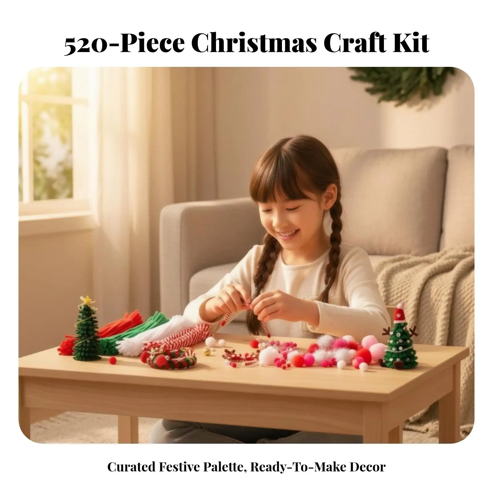 Kids Christmas Craft Kit Pipe Cleaner DIY Chenille Wire Set with Pom Poms Creative Art Material for Winter Fun