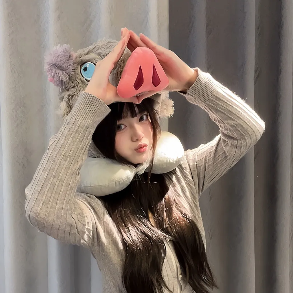 Fluffy Hashibira Inosuke Wild Boar Pig Head Plush Hat Kawaii Anime Japanese Style Warm Hat Autumn Winter Cosplay Prop Gifts
