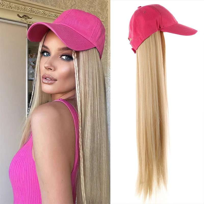 Rose pink duckbill cap gold long straight wig in one fashionable baseball cap wig