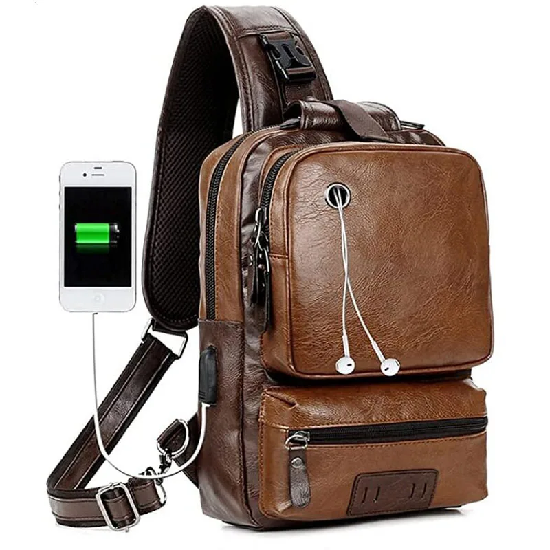 Mochila cruzada grande para hombre y mujer, bolso de hombro Vintage de cuero PU, con eslinga, puerto de carga USB para ciclismo