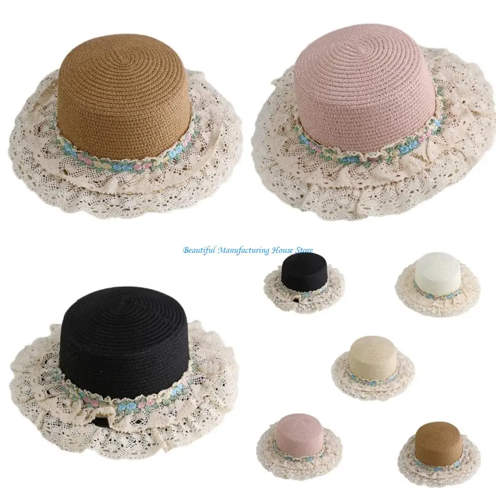 E56A Victorian Straw Bonnet Hat Sun Protective Hat Large Lace Brims Vacation Hat Teaparty Hat Round Top Hat Party Headwear