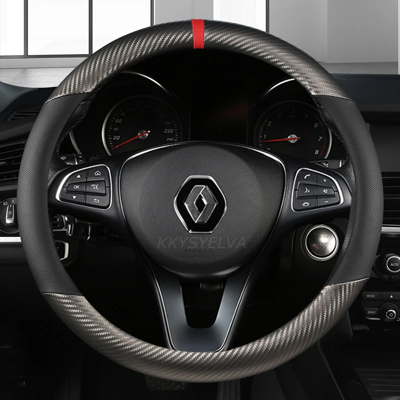 Car Steering Wheel Cover PU Leather+Carbon Fiber 38cm For Renault Scenic 1 2 3 4 Grand Scenic Megane Auto Accessories