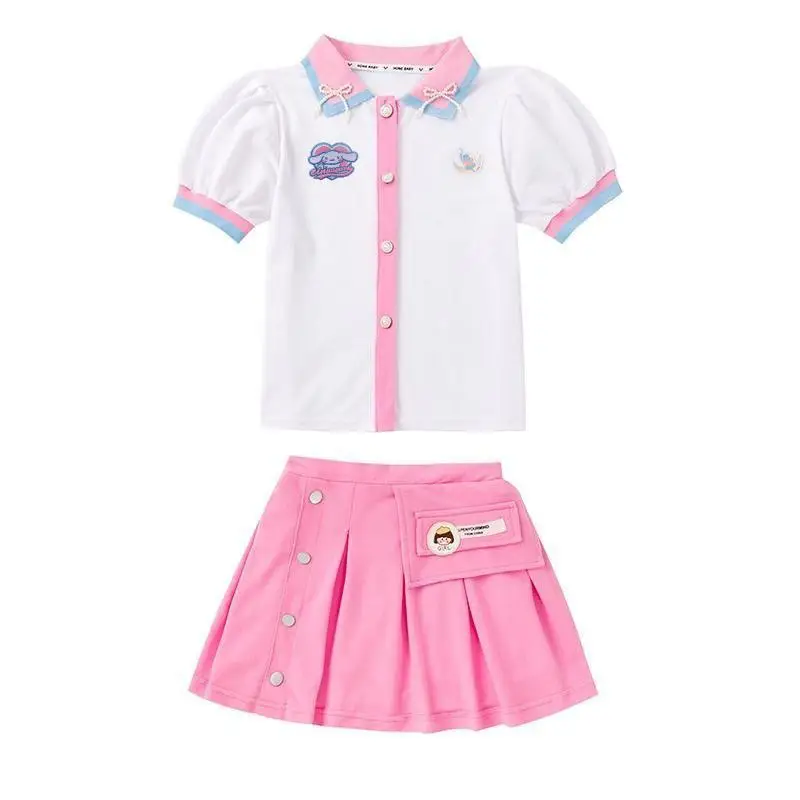 Anime Sanrios My Melody Girls Fashion Short-Sleeved Pleated Skirt Two-Piece Set Preppy Style Sweet Princess Skirt Kids Clothes