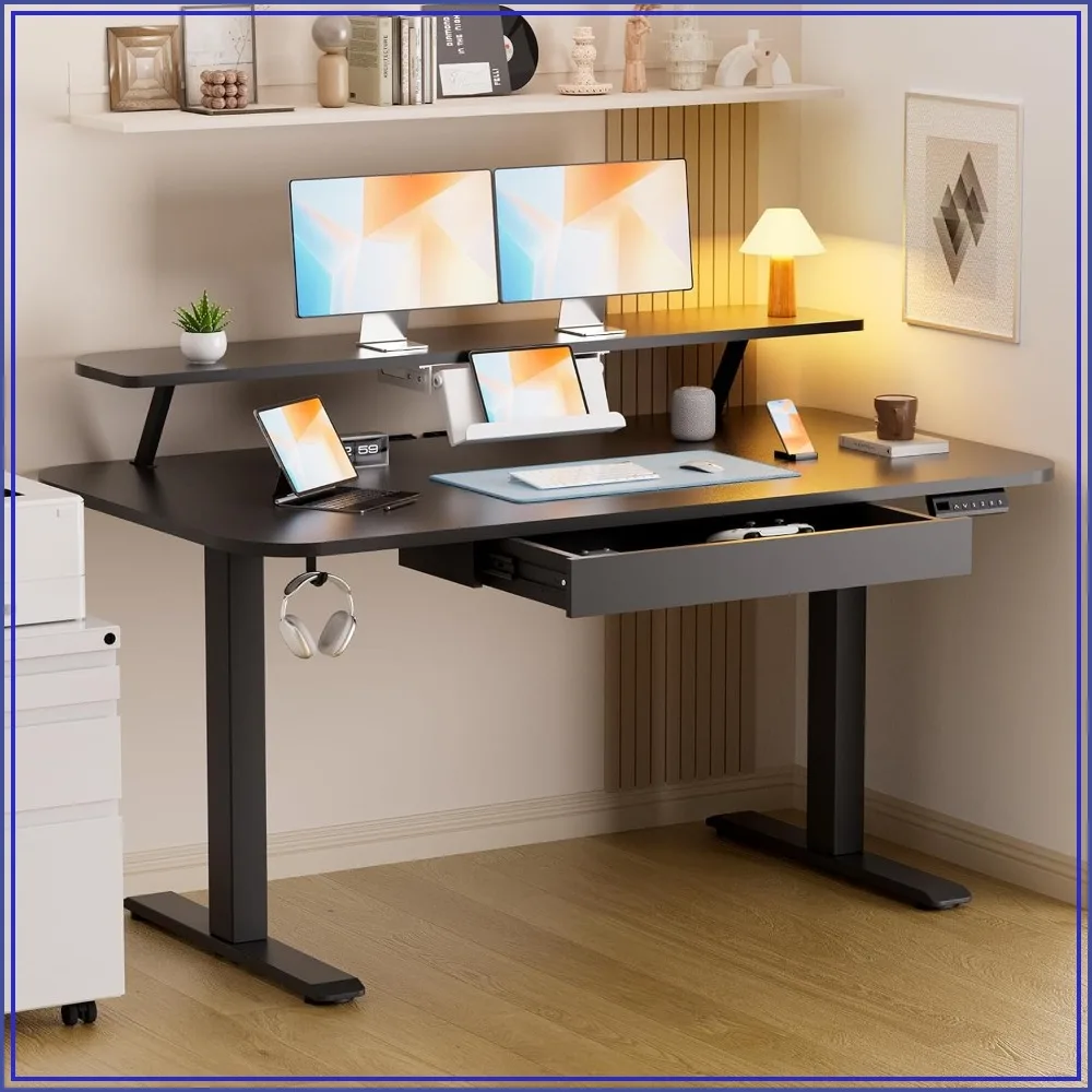 Electric Standing Desk 55 x 24 in with Drawers, Monitor Stand, Laptop Stand, Memory Preset, Black