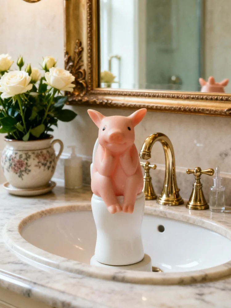 Cute Pig on Toilet Desktop Ornament New PVC Cartoon Animal Figure Mini Desk Decoration Office Home Decor Gift for Kids Girls
