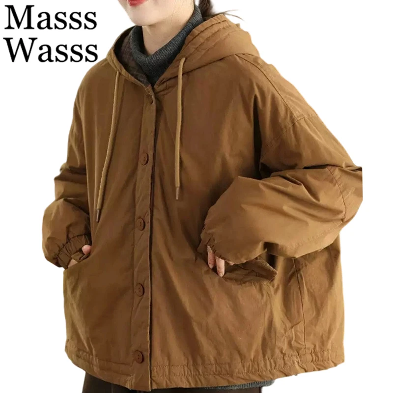 

Mass Wasss корейские зимние теплые парки с капюшоном большого размера, женские свободные повседневные стеганые куртки, женские модные классические винтажные пальто