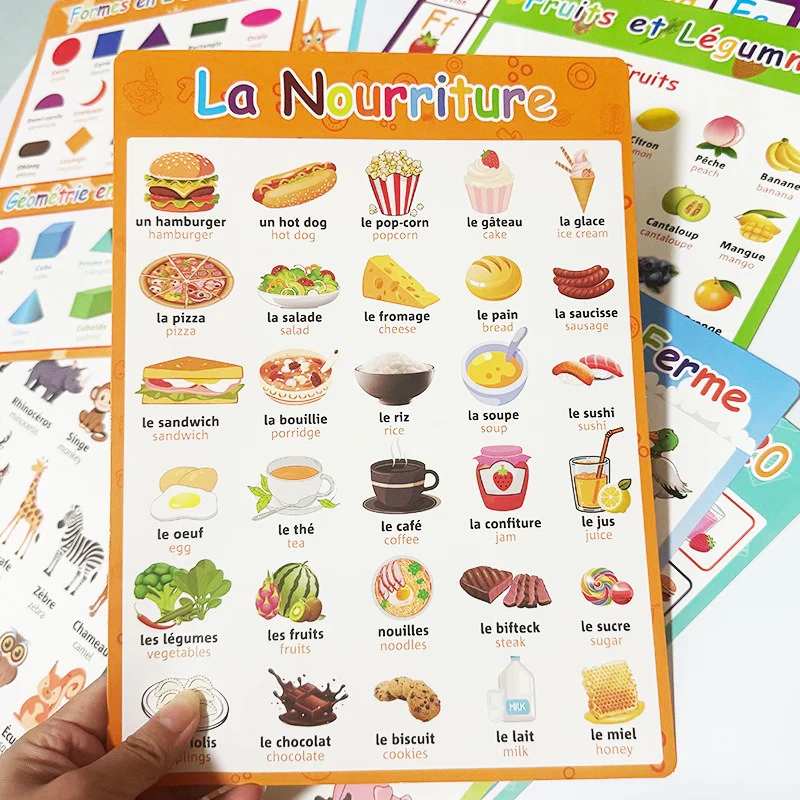 8 ملصقات من المفردات الفرنسية والإنجليزية، مع الرسوم التوضيحية الملونة للحيوانات والأغذية والفواكه، تتميز بـ 240 كلمة فرنسية