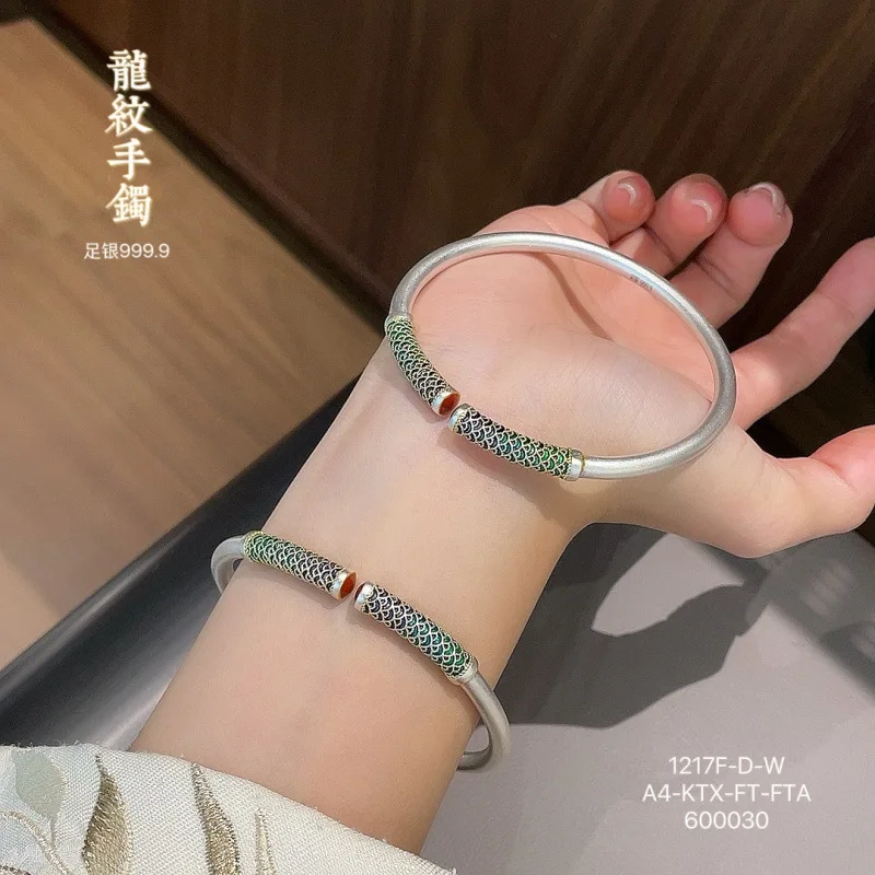 999.9 Gold-Plated Enamel Fish Scale Solid Openwork Silver Bracelet Retro Style
