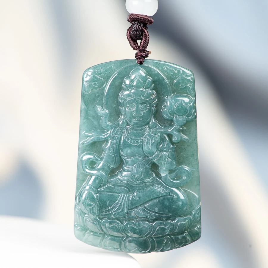 

TIMESWIND Blue Natural A-type jade Dashizhi Bodhisattva Guanyin Square Pendant men Necklace with certificate