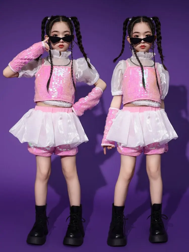

Girls Pink Sequin Jazz Dance Costume Kpop Outfits Cheerleading Performance Clothes Kids Hip Hop Catwalk Stage Clothing