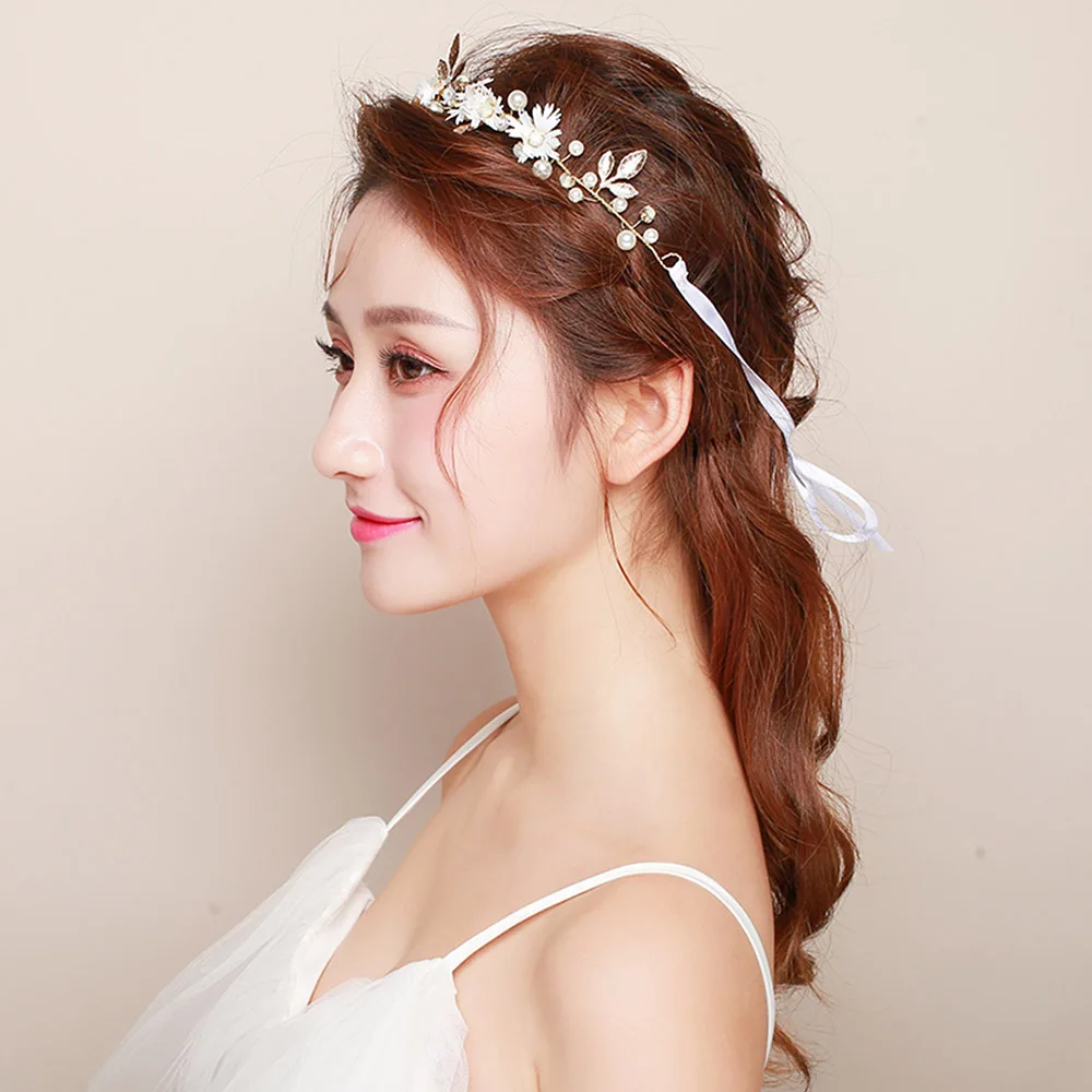 Fashionable Pearl Crystal Headband White Flower Faux  Pearl Crystal Hairpin Hair Clip Wedding Party Bridal Elegant Headwear