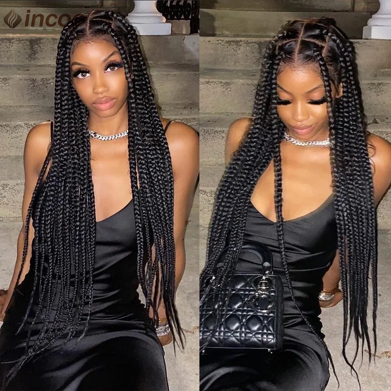 Full Lace Front Box trançado perucas sintéticas para mulheres negras, tranças Knotless Cornrow, rendas frontal perucas, cabelo do bebê, tranças Jumbo, 36"