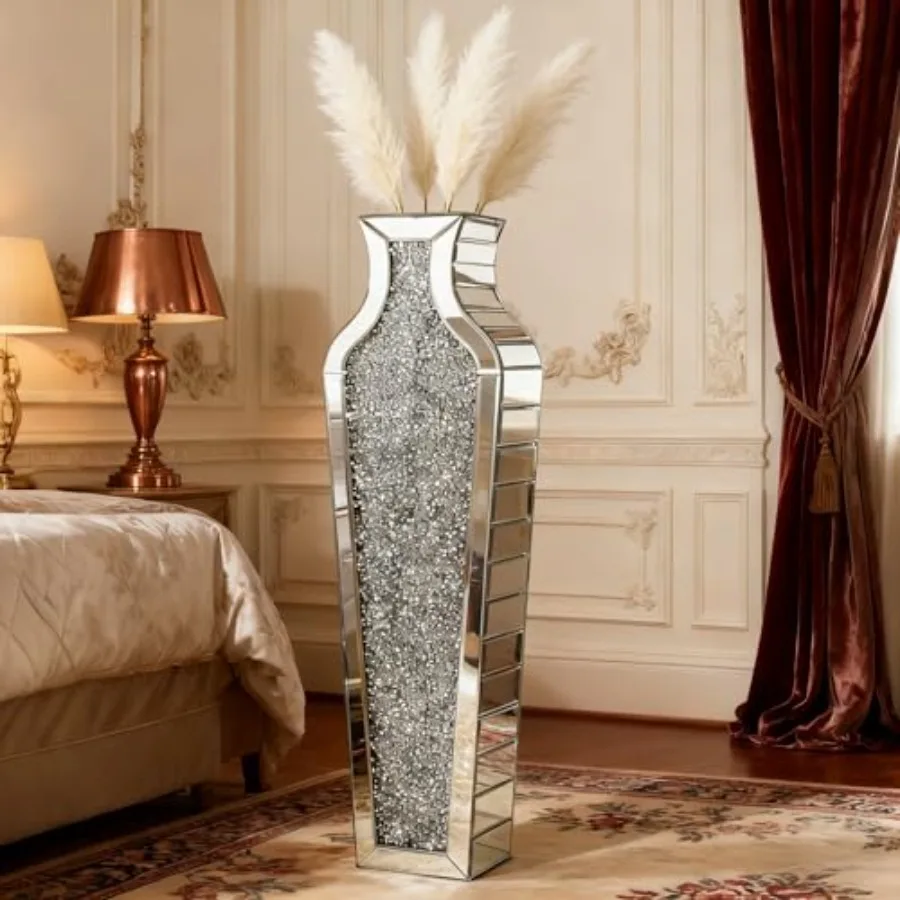 

Crushed Diamond Floor Vase with Pampas Grass, Large Silver Mirror Tall Vases for Floor, Modern Luxury Glass Vases Home Decor fo