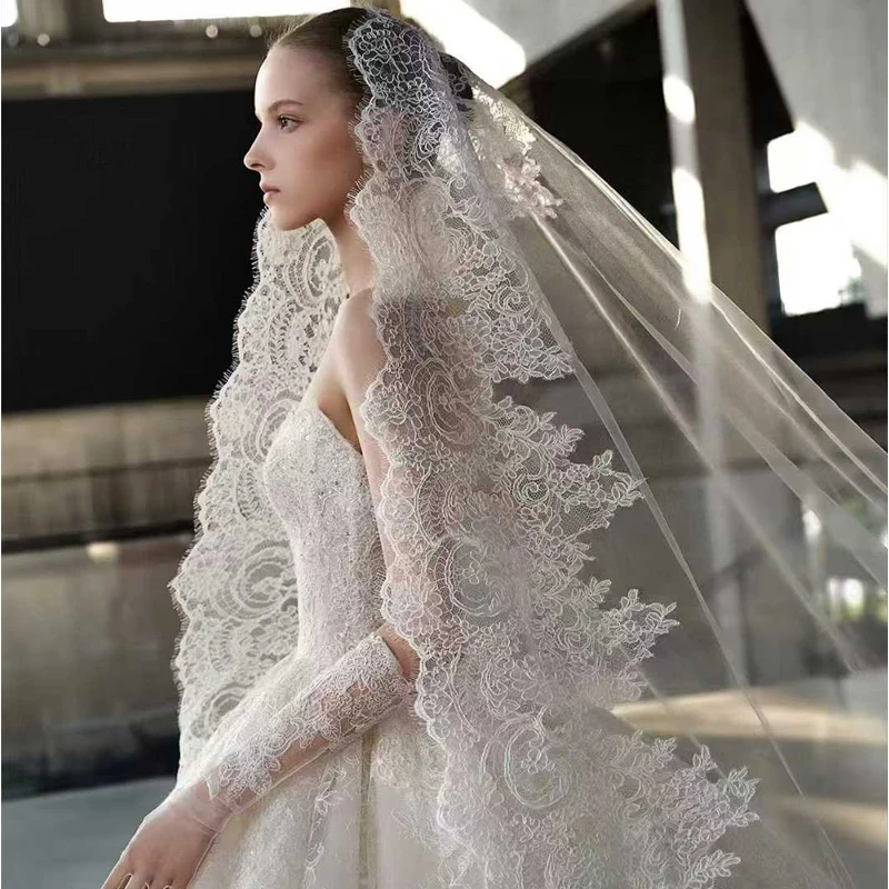 

1T аппликация кружевная свадебная фата длинная элегантная фата соборная фата по индивидуальному заказу