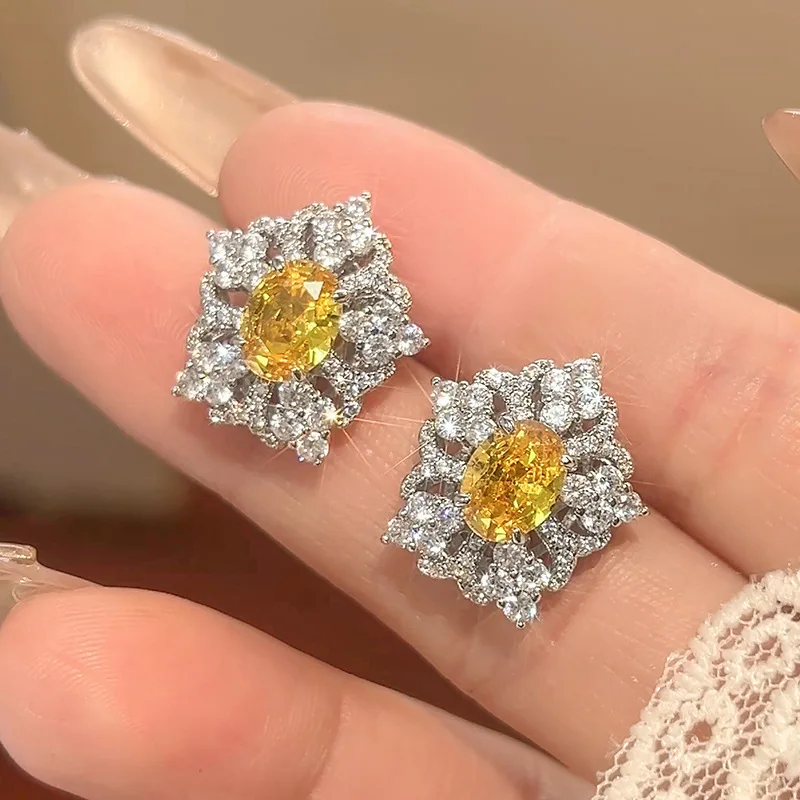 Jewelry Set Earrings Rings Necklace Colorful Zircon Yellow Diamond European and American Style High-end Women's Shipping