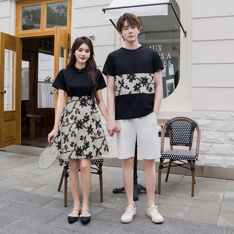 2024 parent-child pairs of summer men's short-sleeved T-shirt + shorts 2-piece set, and women's dress Chinese style retro dress