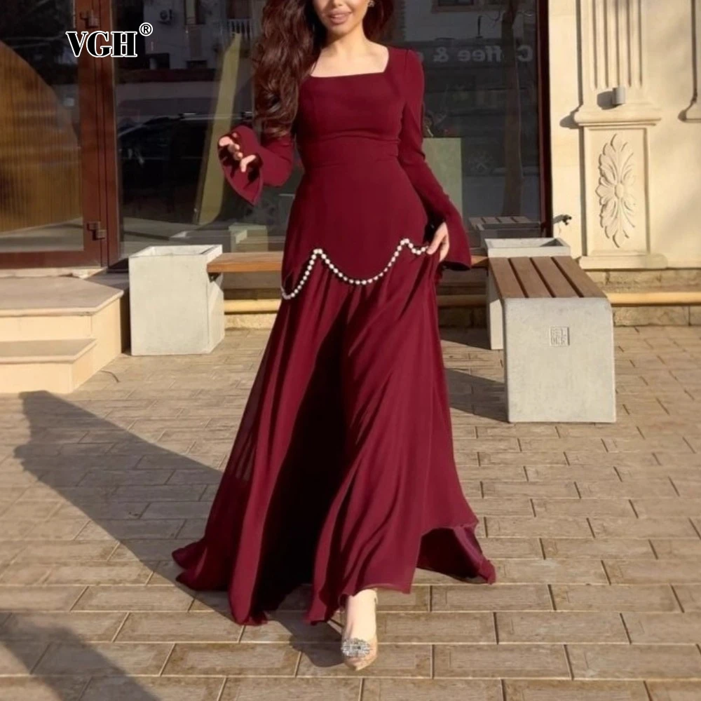 

VGH Elegant Solid Spliced Pearls Dress for Women Square Collar Long Sleeve High Waist Patchwork Mesh Evening Maxi Dresses Female