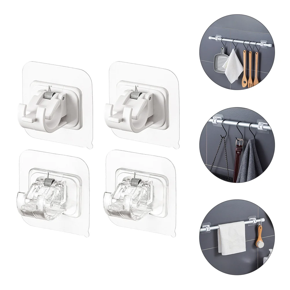 4 Pcs Curtain Rod Hooks ABS Spring Material Self Adhesive Wall Mount No Drill Bathroom Shower Clips Telescopic Pole Clamp Smooth