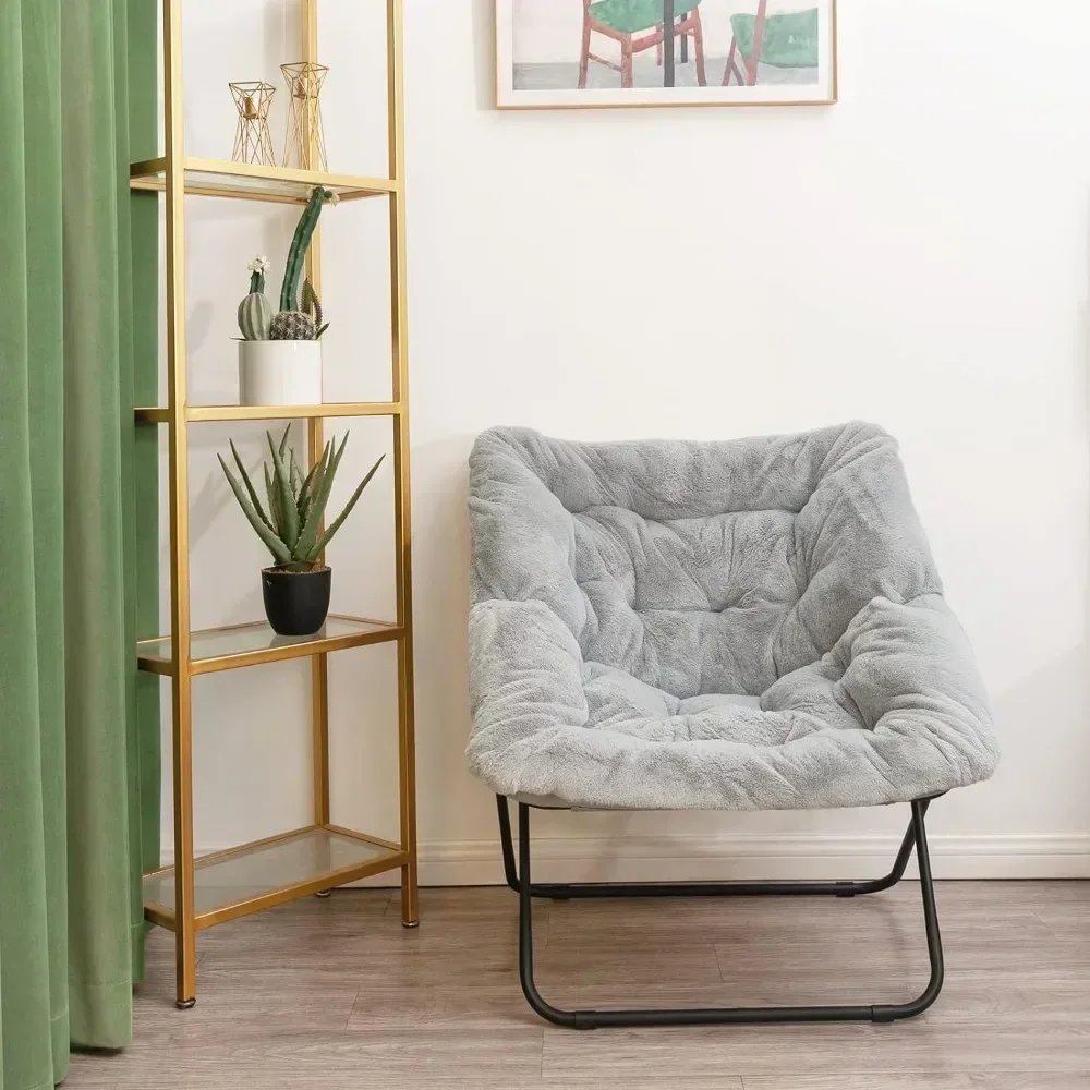 v v Soft Faux Fur Oversized Folding Accent Lazy Chair, Lounge Lazy Chair, Metal Frame Chair for Bedroom