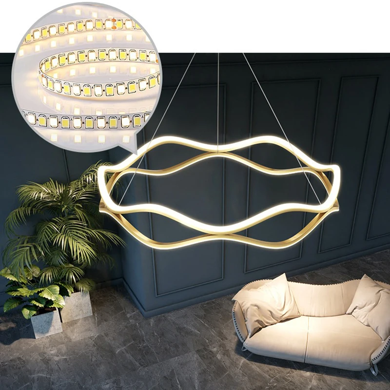 Postmodern Minimalist Golden Metal Wave Ring Pendant Lamp Living Room Bedroom Decoration LED Warm White Dimming Lighting Fixture