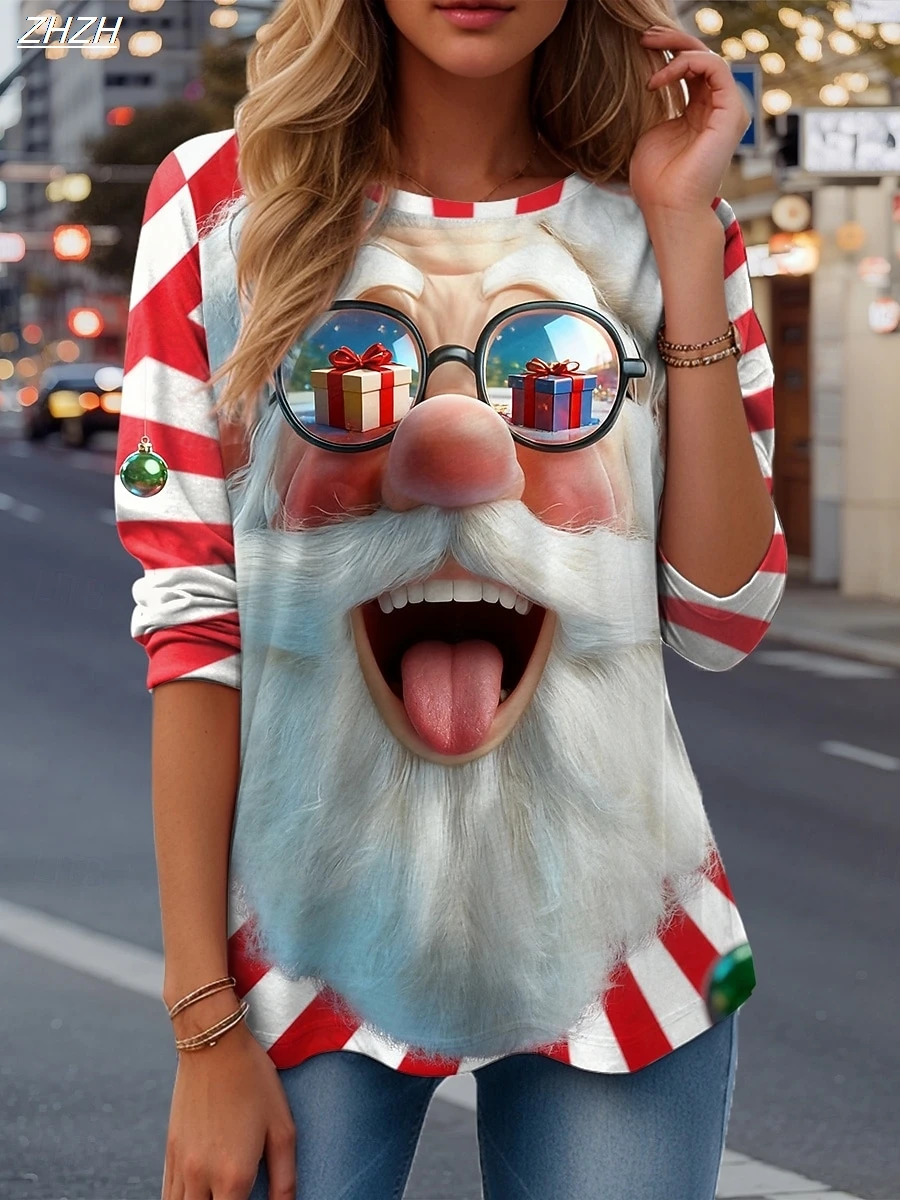 Women's Festive Santa Long Sleeve, Holiday Graphic Print Top,2025 Christmas Party Wear, Winter Seasonal Comfort Fit