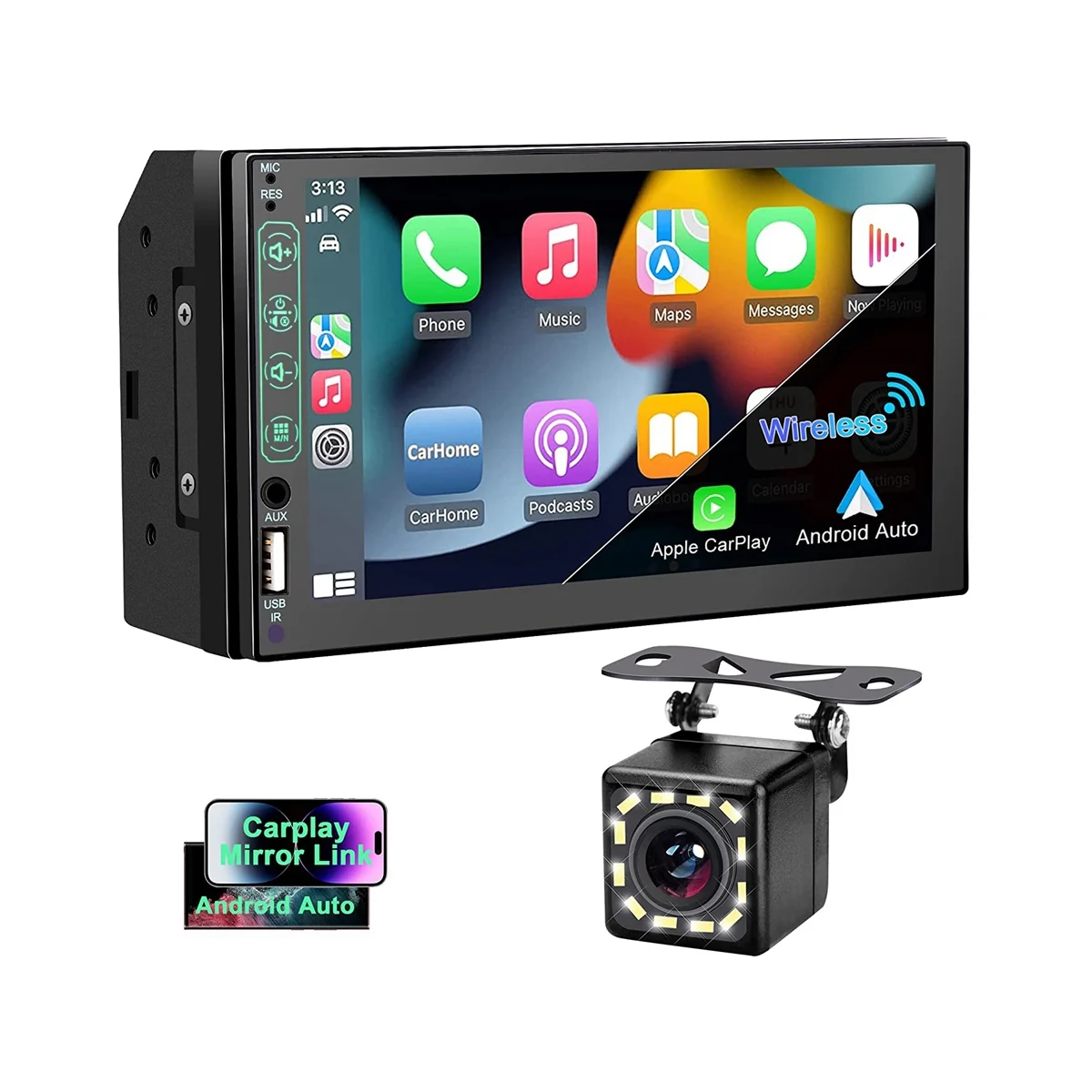 7 Inch Double Din Car Stereo HD Touchscreen,Carplay Android Auto,12LED Backup Camera,Mirror Link,USB/AUX,FM Car